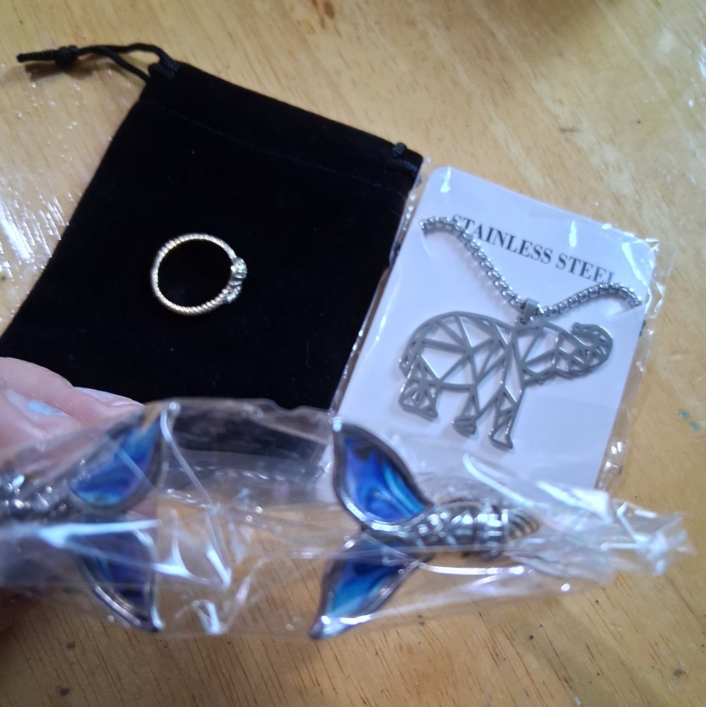 Silver and Blue Whale Tail Necklace, Elephant Necklace and Snake Ring